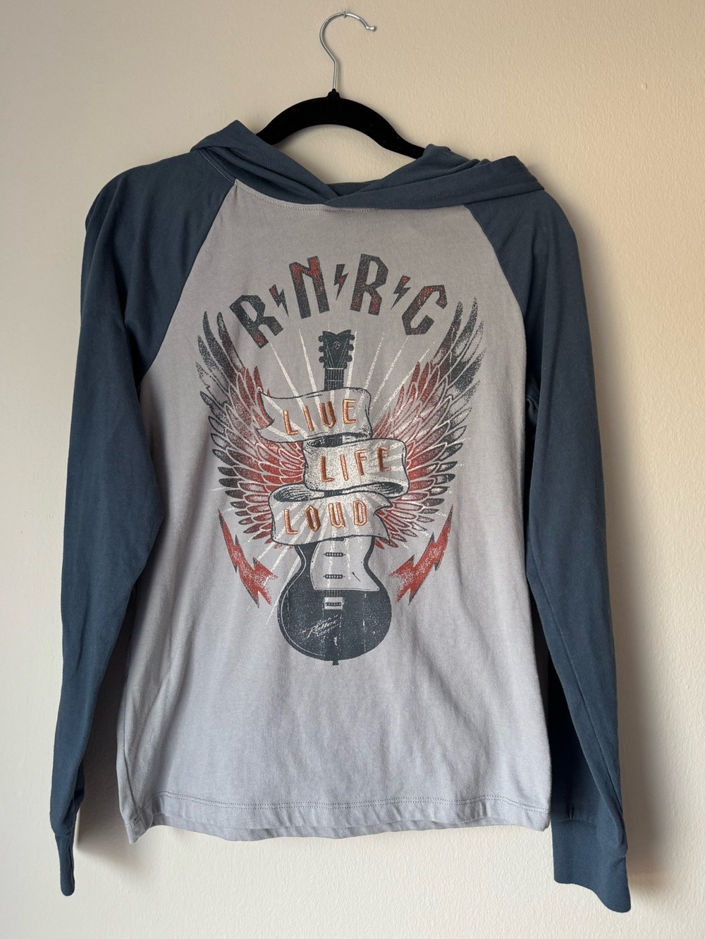 Disney Grey and Charcoal Raglan Hooded Tee with Guitar Graphic